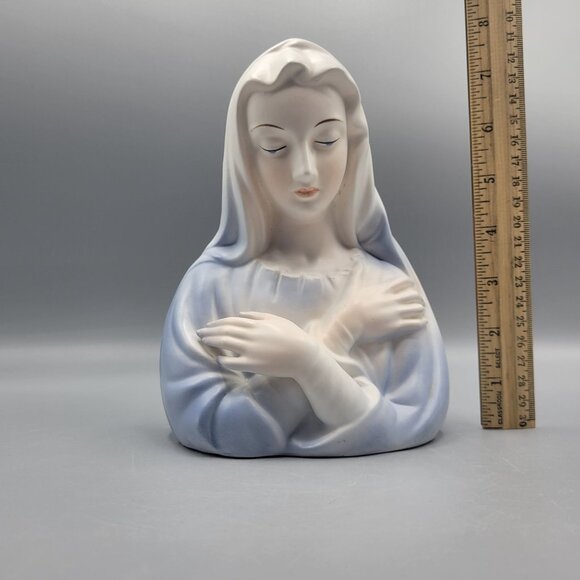 Vintage Enesco Japan Virgin Mary Ceramic Bust Figurine Blue White Religious Deco - Picture 14 of 14